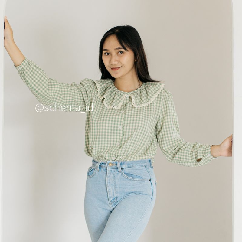 Yeora Blouse by Schema Collar Blouse Korea Style Atasan Top Wanita Lengan Panjang Tartan Blouse Cotton Premium