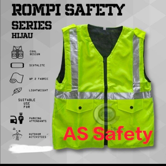 Rompi Safety Proyek Busa Parasut /Dacron Hijau 2 kantong