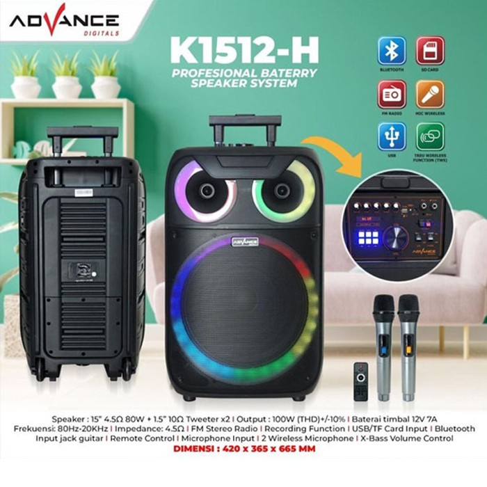 ADVANCE K-1512 H SPEAKER AMPLIMEETING BLUETOOTH PORTABLE 15 INCH FREE 2 MIC WIRELESS