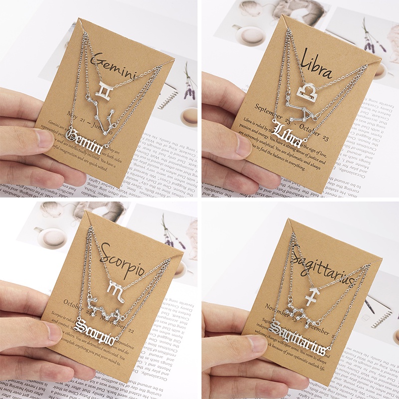 3 Pack Kalung Rantai Klavikula Hias Liontin 12 Rasi Bintang Warna Silver Untuk Hadiah
