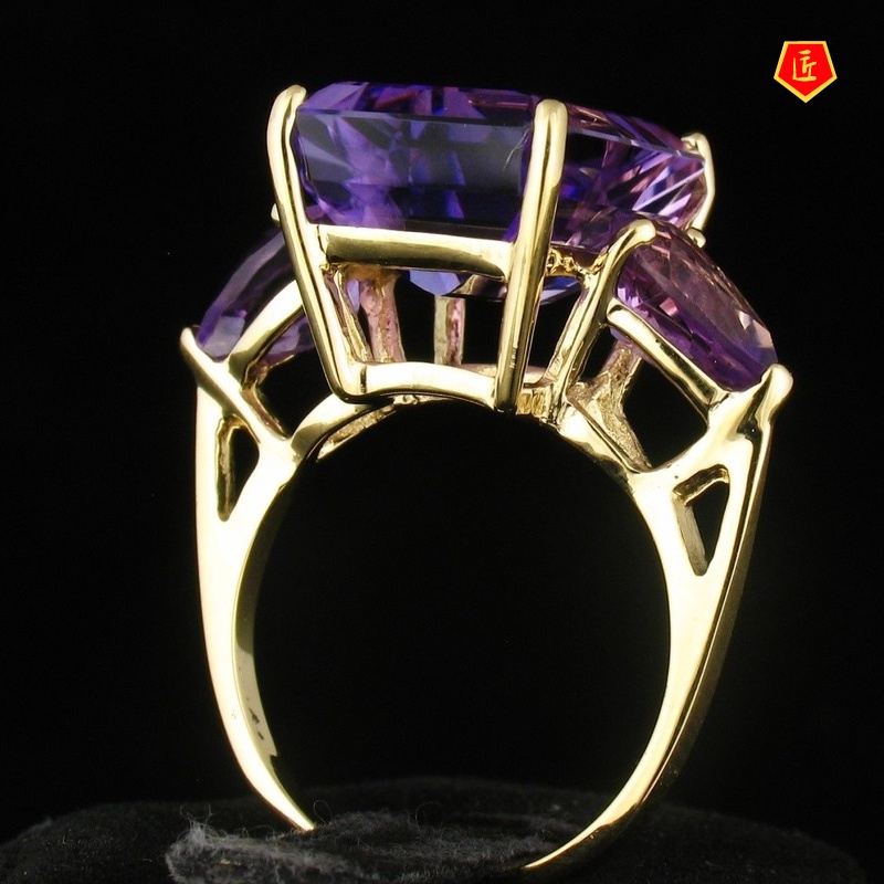 [Ready Stock]Amethyst Tourmaline Diamond-Studded Ring 18K Gold