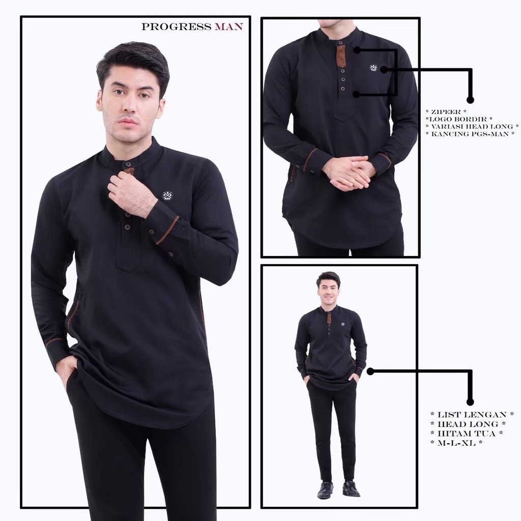 PROGRESS MAN baju koko pria lengan panjang koko kurta pangsi kemeja koko pria lengan panjang koko kurta pangsi baju kurta pangsi dewasa logo bordir Nefi Dongker P4N9S103