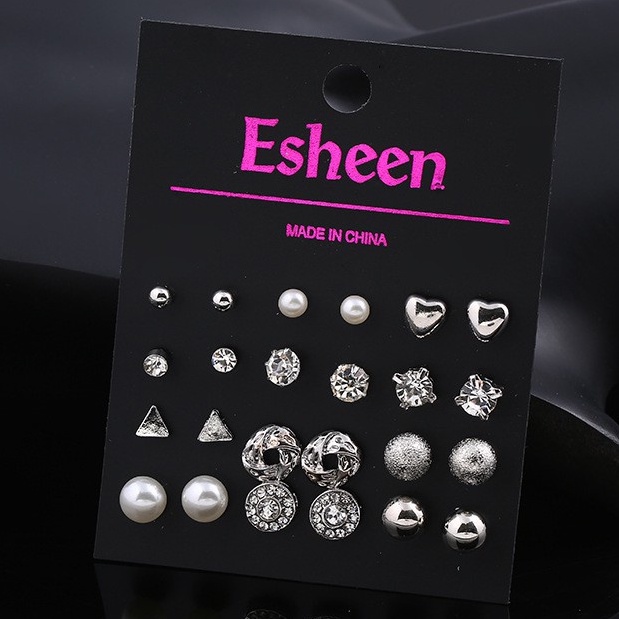 STT Set Anting Wanita Tusuk Bentuk Bulat Hias Kristal untuk Women Anting 12 Pairs Set Pears Crystal-SILVER