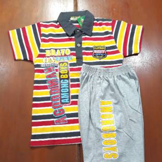 Baju stelan anak anak katun salur bekerah model terbaru Baju stelan anak anak katun salur bekerah model terbaru