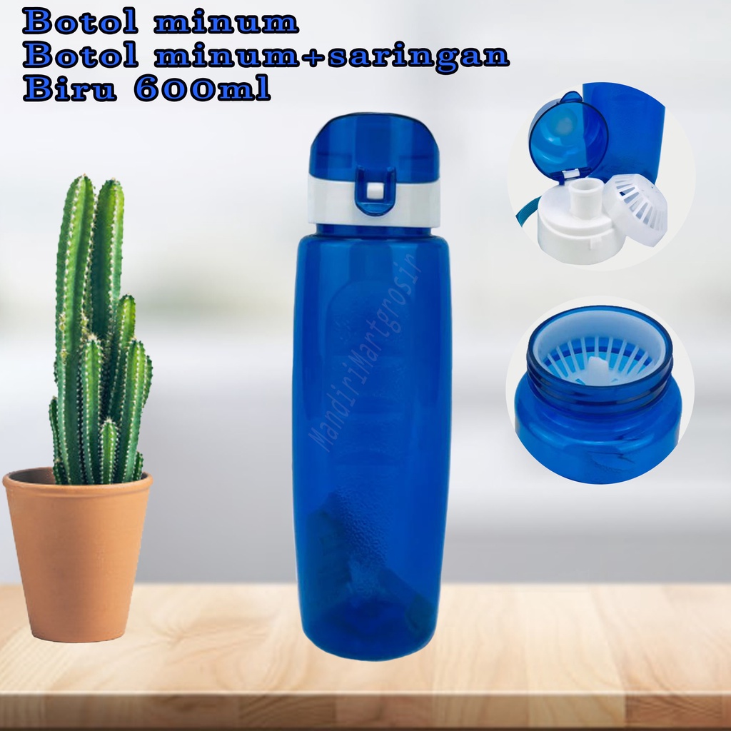 Botol minum + saringan * botol plastik * Warna biru * 600ml