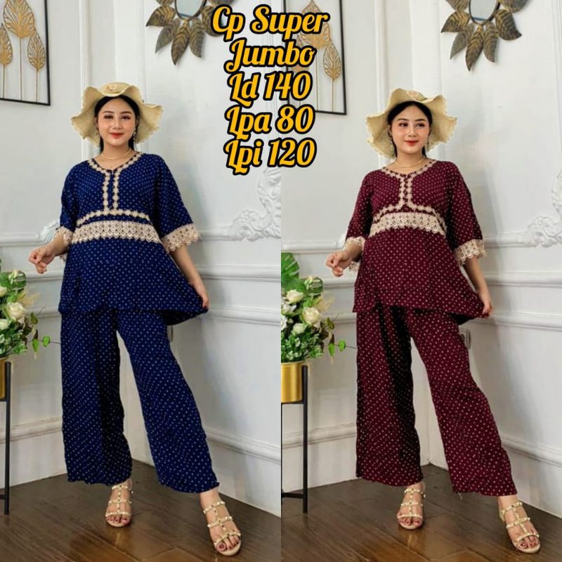 One Set Baju Wanita Jumbo Busui Setelan Celana Motif Polkadot Bahan Rayon Renda Tali Belakang