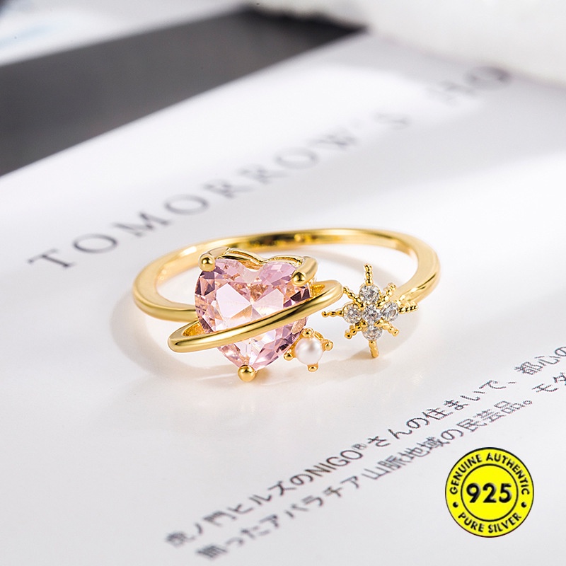 Cincin Model Terbuka Bahan Sterling Silver Gold Plated 18K Hias Zircon Pink Untuk Wanita