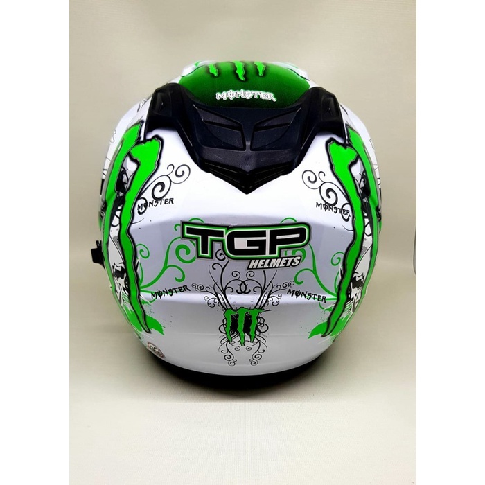 Helm Helmet Helem double visor BXP motif monster Putih Hijau