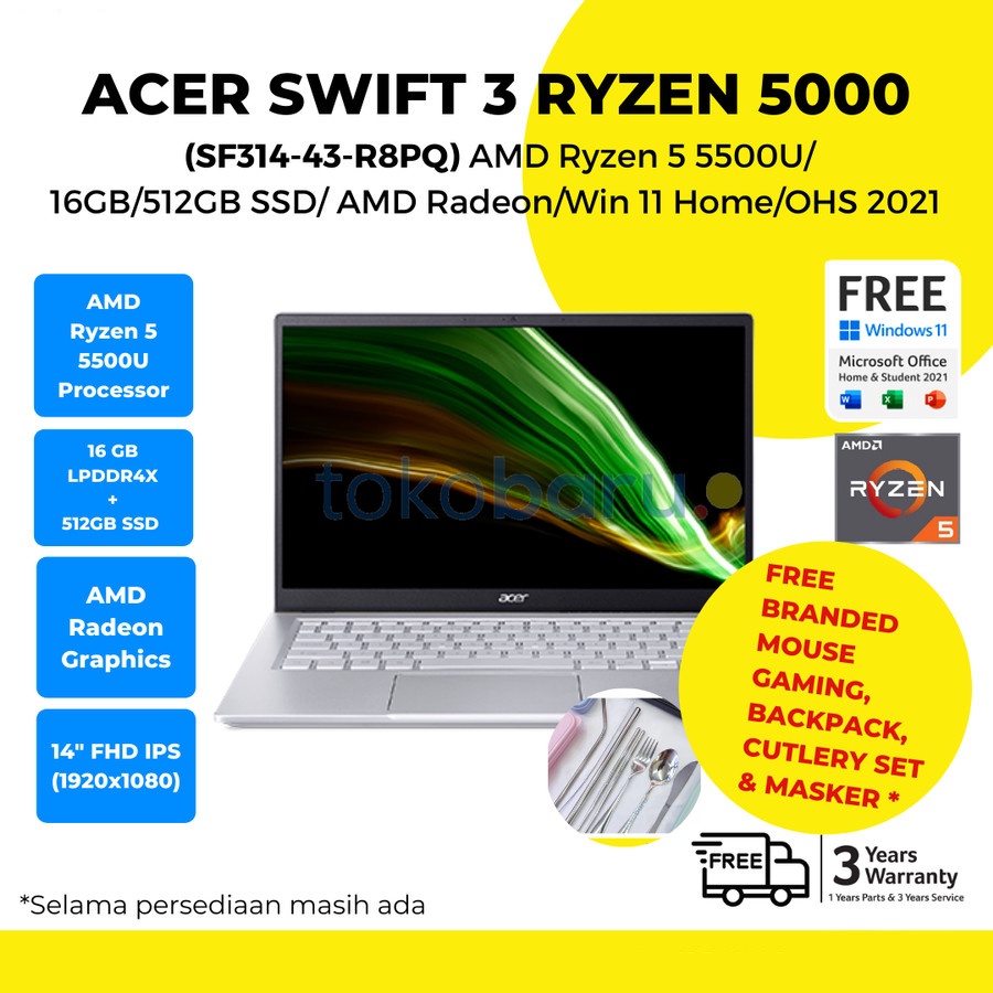 Laptop notebook ACER SWIFT 3 SF314-43-R8PQ RYZEN 5 5500U 16GB 512GB FHD IPS Wndows 11