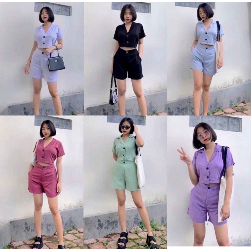 Satu Setelan Crop Celana Pendek Polos