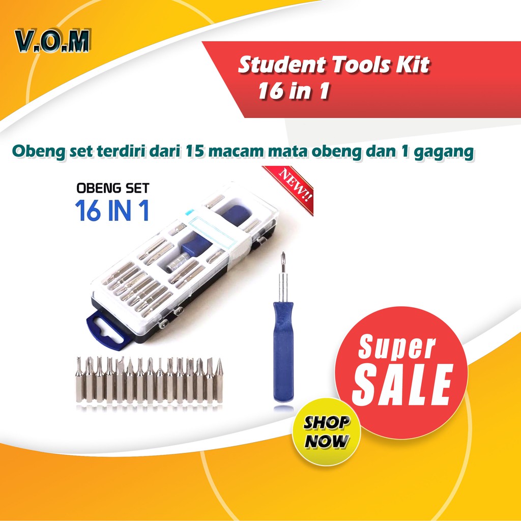 Student Tools Kit 16 in 1 Kotak Obeng Set 16 Pcs 0489