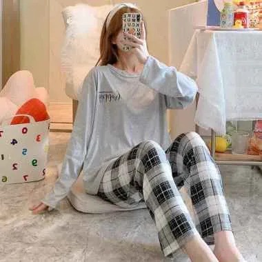 COMFIT STORE PJ3 PP Setelan Piyama Wanita Jumbo Tangan Panjang Celana oversize Baju Tidur Dewasa Import Korea-HAPPY ABU