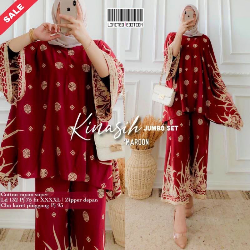 Kinasih Set Jumbo - One Set Jumbo Katun Rayon Tidie Premium Busui Setelan Wanita Waka Waka Set Celana Panjang Bigsize LD 140 cm