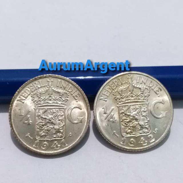 SA104-- 2 PC KOIN PERAK KUNO ASLI 1/4 GULDEN NEDERL INDIE TH 1941 & 1942. -- SILVER COIN --