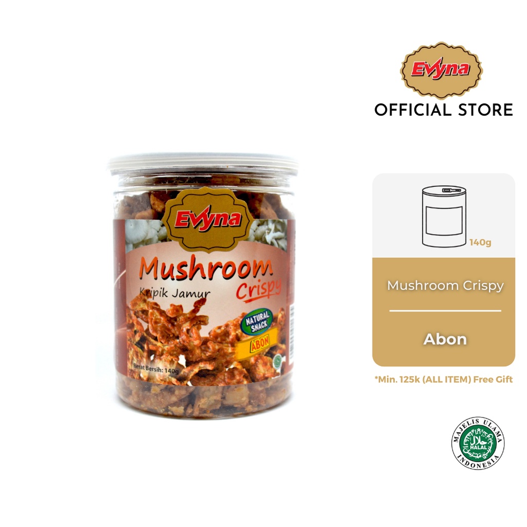 

Evyna Mushroom Chips / Keripik Jamur Krispi Rasa Abon Botol PET CAN 140g