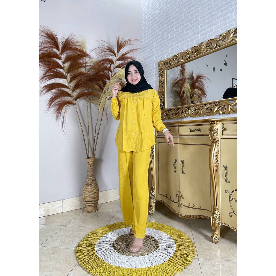 Gisela One Set Wanita Rayon Premium Setelan Wanita Lengan Panjang Set Celana Kekinian LD 110 cm