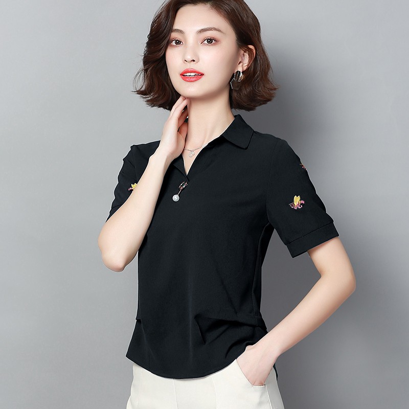 model terbaru Atasan blouse  Sulaman, Bahan Sifon, Warna Merah Hitam Putih, Gaya Korea