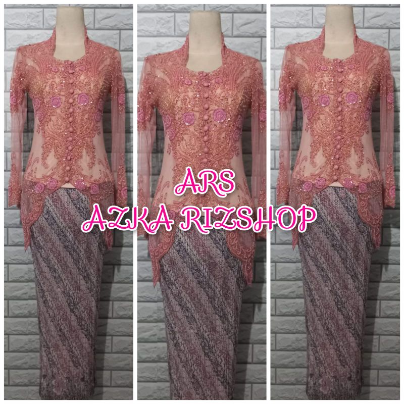 set kebaya pesta nude kebaya motif merak + rok prisket