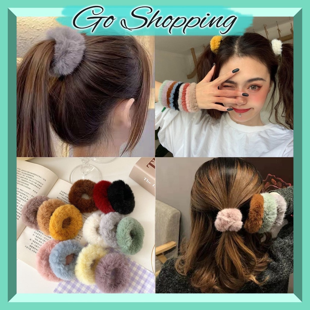 GO! IR753 Scrunchies Ikat Rambut Model Bulu Bola Pom Pom Ponytail Gaya Korea