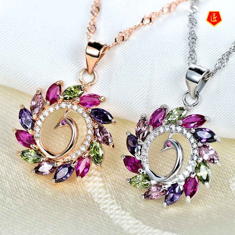 [Ready Stock]Colorful Gem Peacock Pendant Silver Necklace Graceful Personality