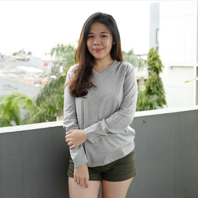 Kaos lengan panjang VNeck Polos, grey