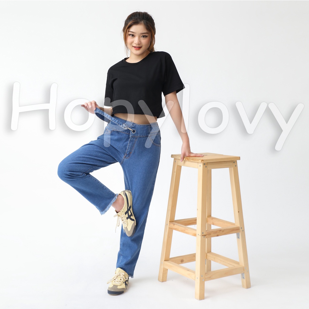 HOPYLOVY Celana Panjang Jeans Boyfriend Wanita Highwaist Jeans Rawis Barika Side Belt