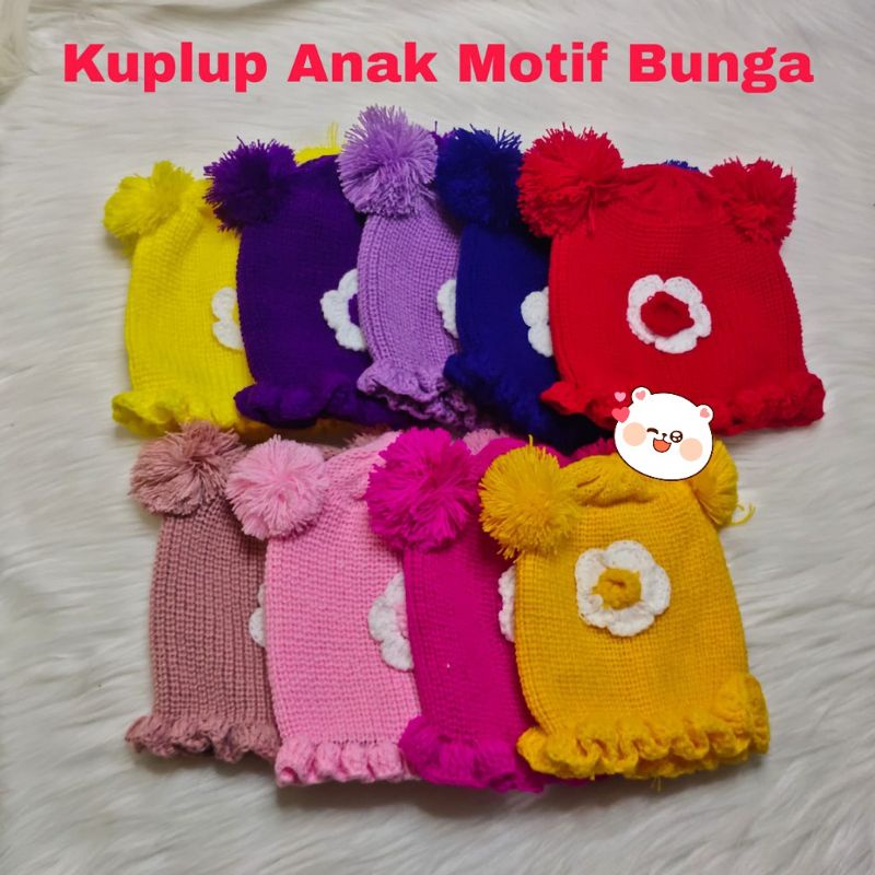 Topi Pompom Kupluk Motif Bunga - Topi Rajut Bayi Anak