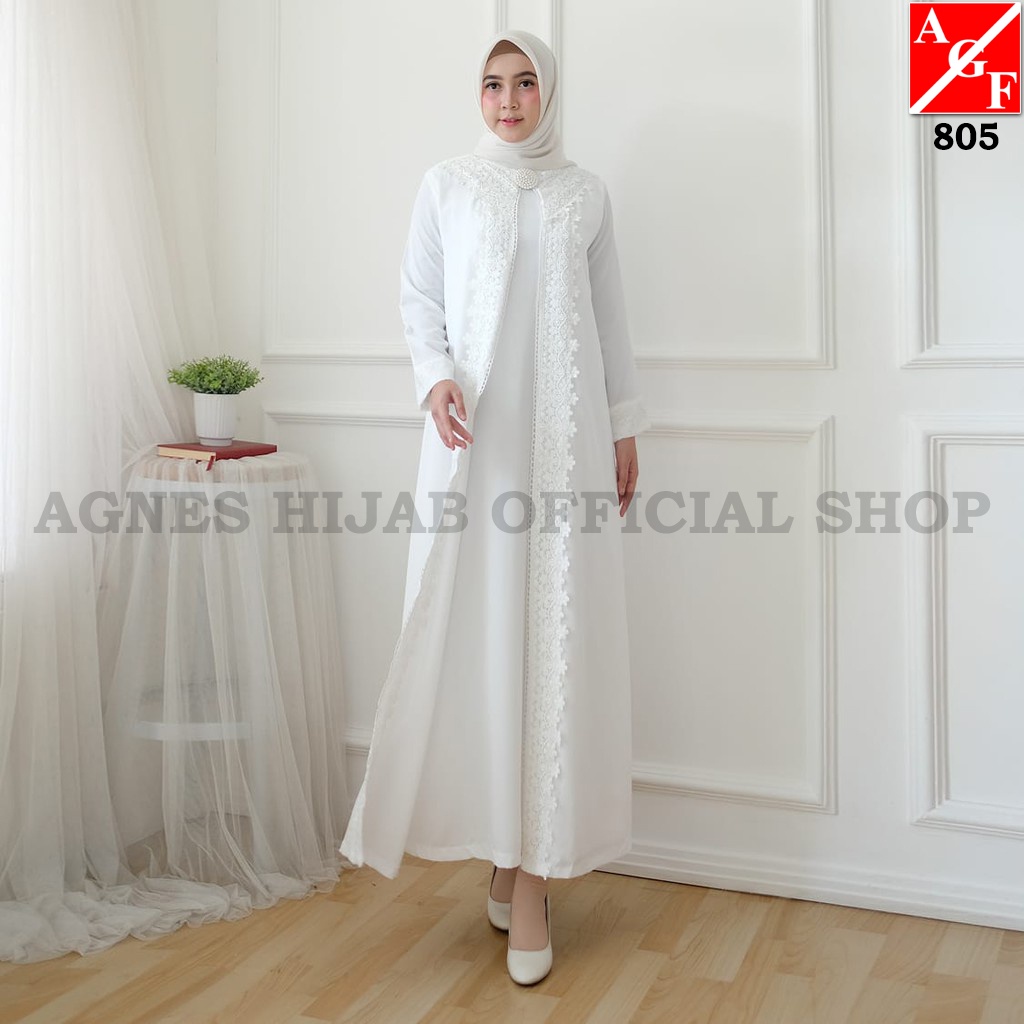Agnes Baju Gamis Putih Wanita Brukat Baju Lebaran Umroh Haji Busana Muslim Wanita 805-2