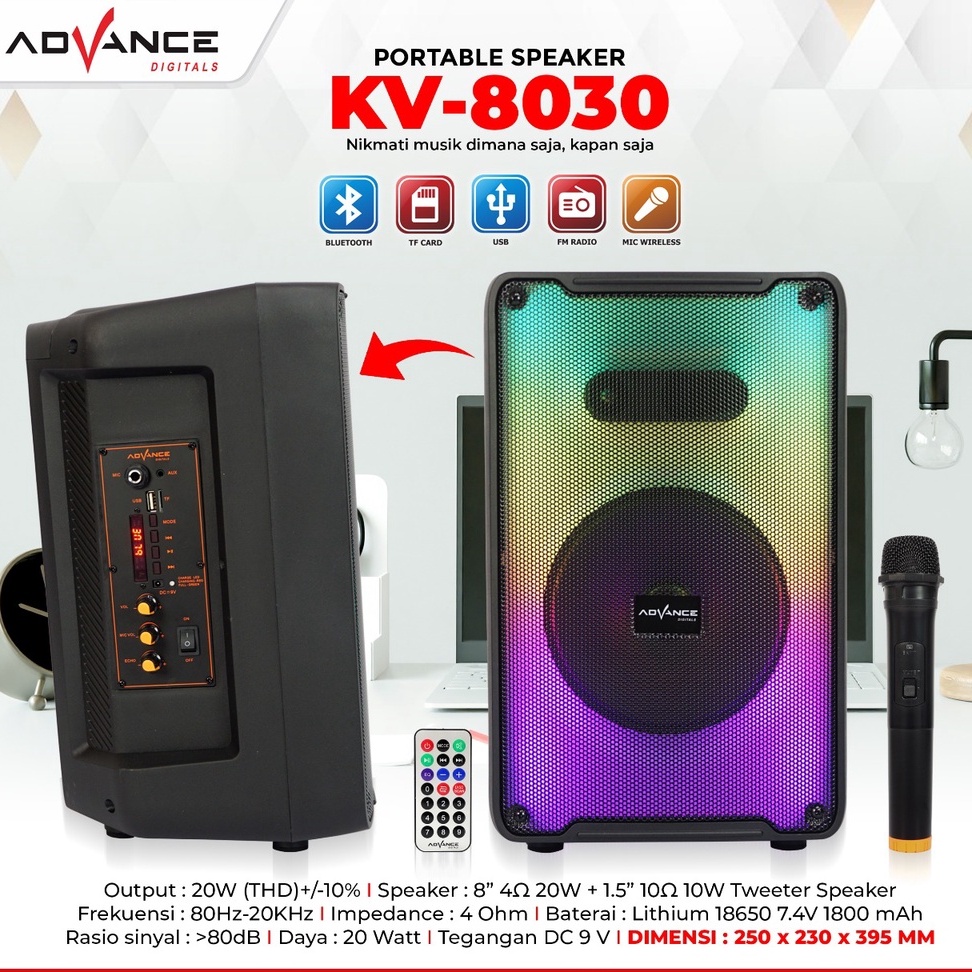 Speaker Advance KV-8030 Meeting Bluetooth Portable Plus Mic Wireless Karaoke pengajian senam Gitar /