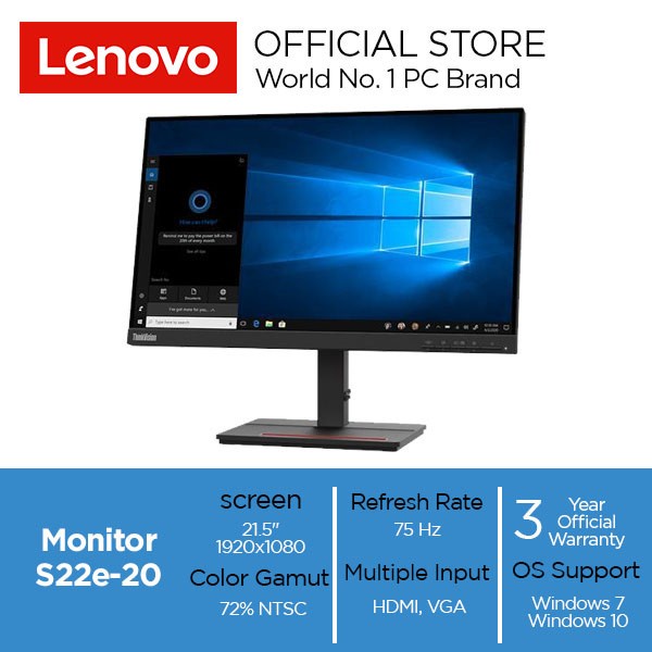 Monitor Lenovo ThinkVision S22e 21.5 Inch LED Backlit