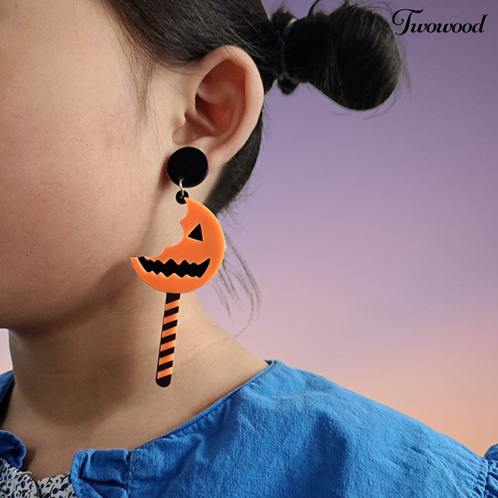 Twowood 1 Pair Halloween Earrings Pumpkin Pattern Moon Shape Acrylic Piercing Classic Dangle Earrings Fashion Jewelry