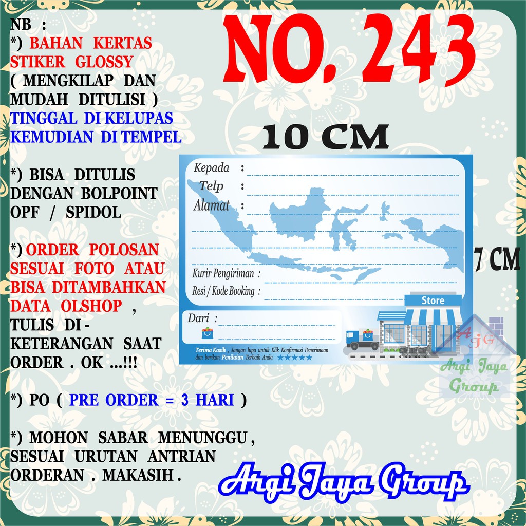 

Stiker Pengiriman - Sticker Alamat Olshop Murah Nomer 243 - 10x7 cm - Glossy