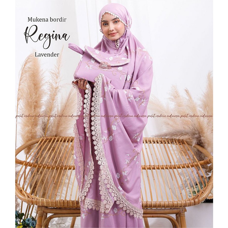 Mukena Rayon Jumbo Dewasa Bordir Renda dengan Tas Pouch Cantik Elegan Mukena Travel Traveling Regina