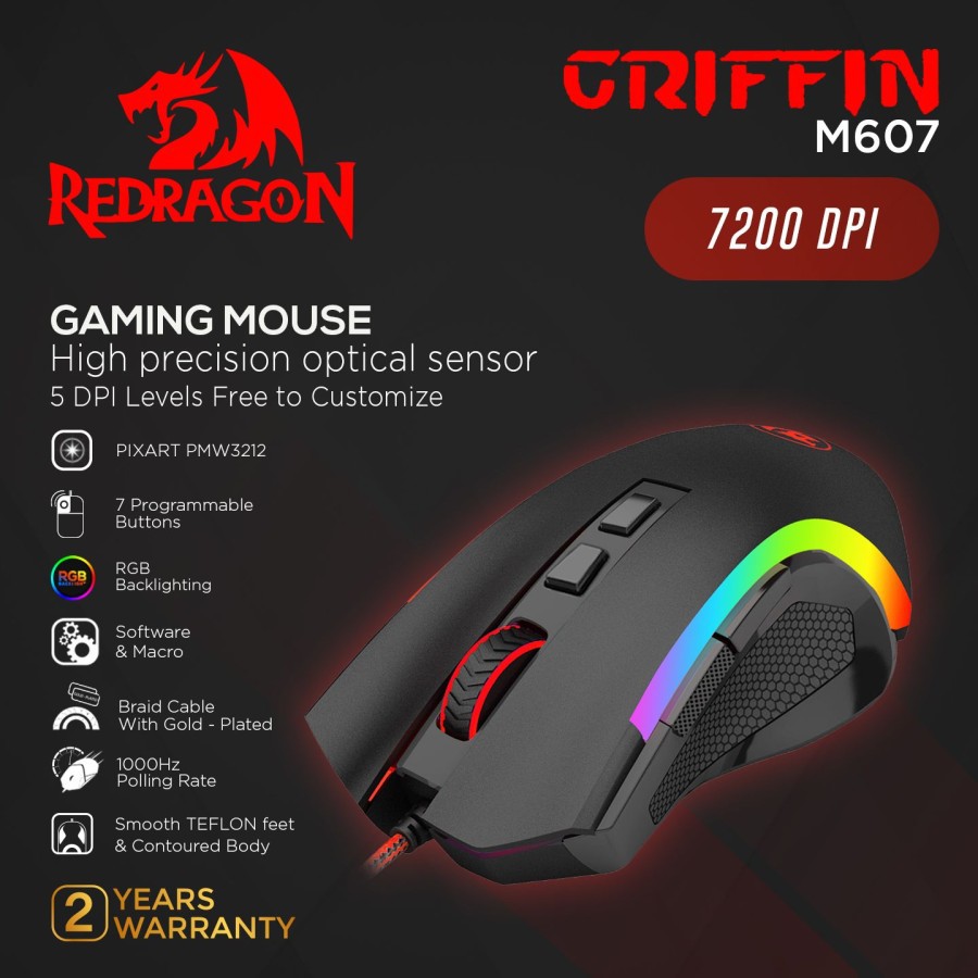 Mouse Gaming Redragon USB Wired RGB Macro M607 Griffin