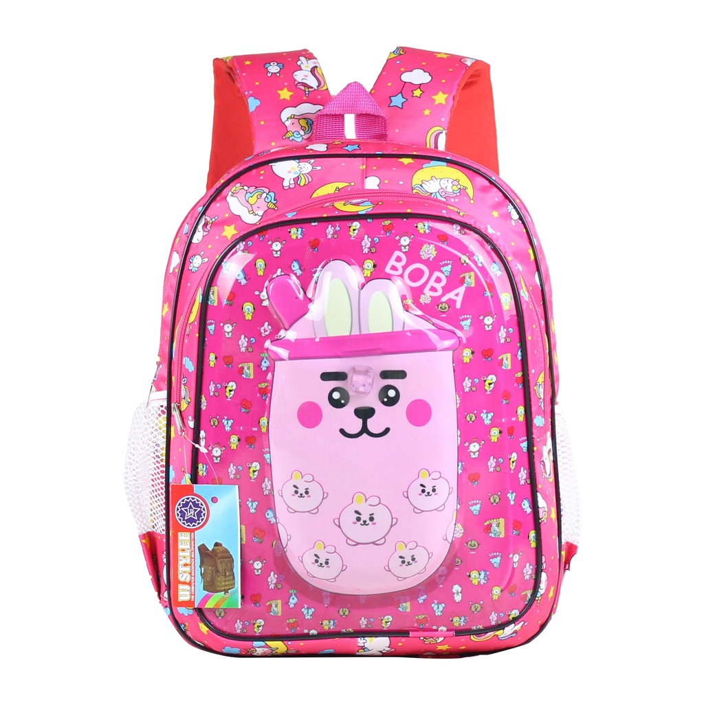 Ransel Anak Tk Tas Perempuan Anak Lampu Karakter Boba Tas Pink Cantik 3D Tas Gendong Backpack Sd