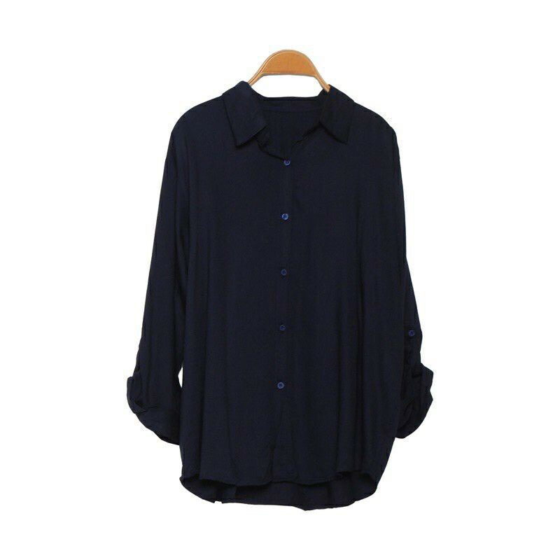 kemeja wanita polos rayon twill casual tangan skoder-navy