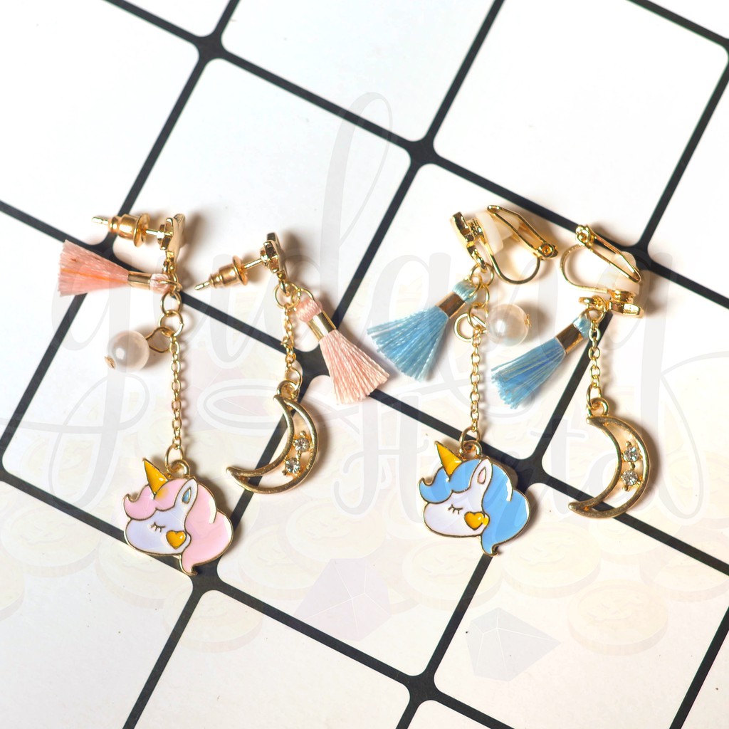 Anting Jepit Unicorn and Moon Anting Stud Lucu Bulan Unik Panjang Asimetris GH 203689