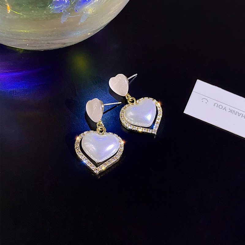 Romance Anting Tusuk Silver S925 Desain Hati Hias Mutiara Berlian Gaya Perancis Untuk Wanita