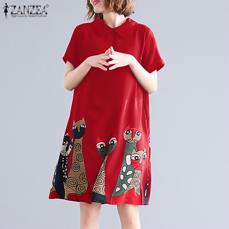 ZANZEA Women Vintage Short Sleeve Turtleneck Animal Printed Midi Dress