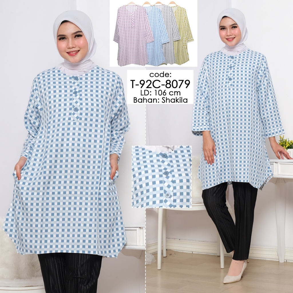 Clachella Baju Tunik Motif Kotak, Baju Atasan Wanita T92C8079