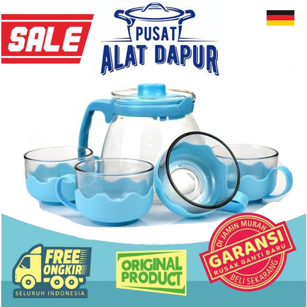 Teapot Set Kaca 5 in 1 Souvenir Murah Teko Beling Minimalis Serbaguna Bonus Cangkir Kaca Tahan Panas