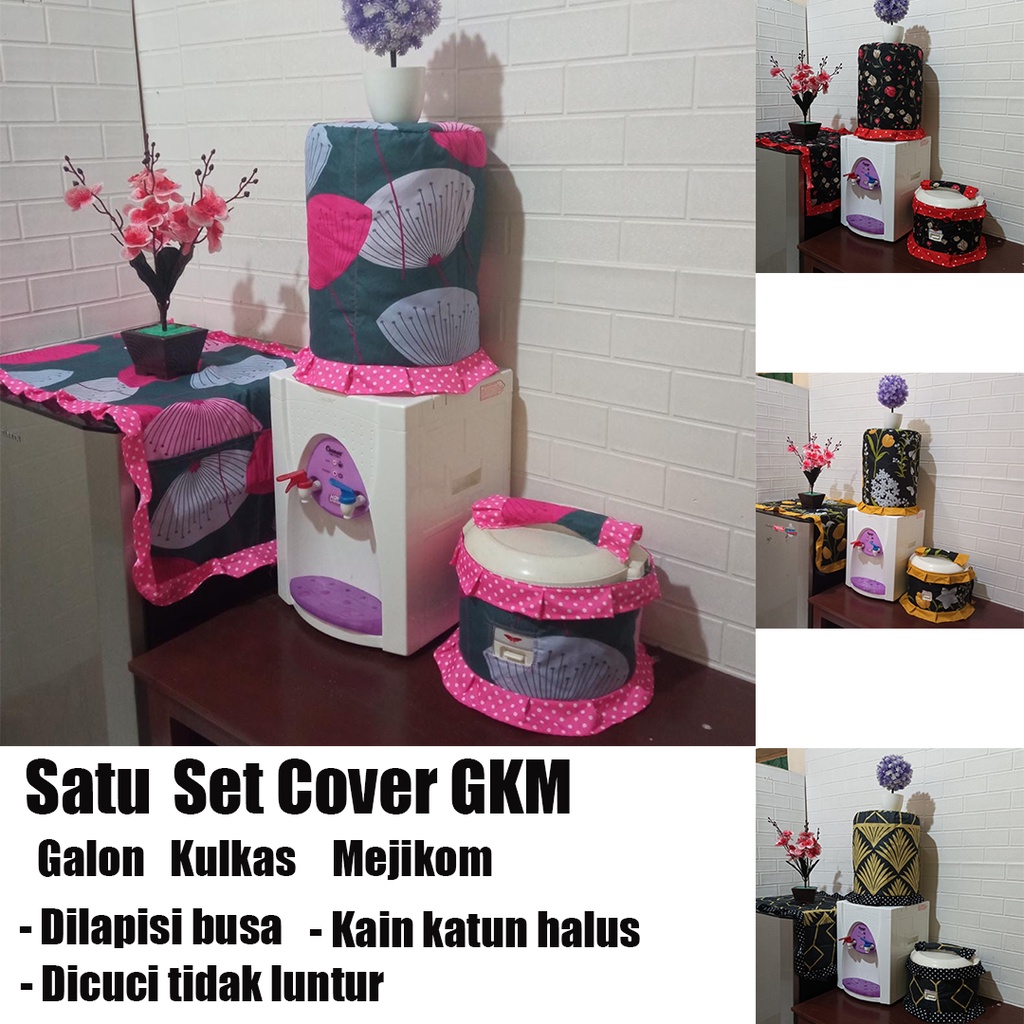 Set GKM Sarung Galon Taplak Kulkas Cover Mejikom Kain Katun Lapis Busa Motif Batik Bunga Abstrak Kotak Aesthetic