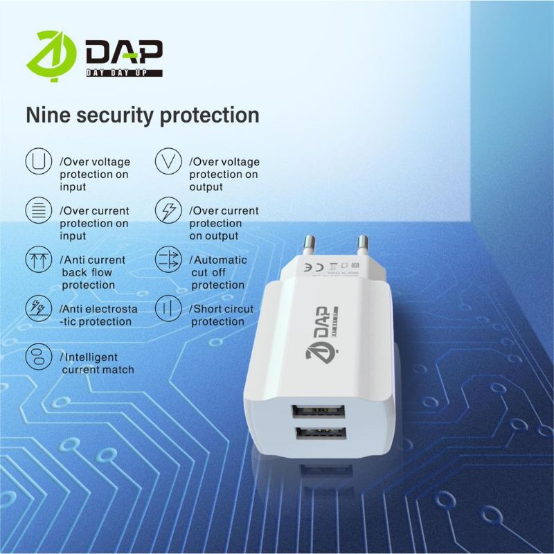 Adaptor Charger DAP D-CT2 2USB 2.4A Batok Charger DAP D-CT2 2USB Kepala Casan DAP 2USB D-CT2 ORI