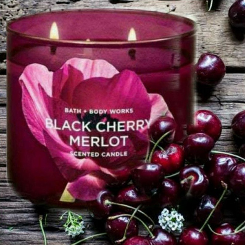 BATH &amp; BODY WORKS BBW BLACK CHERRY MERLOT 3-WICK SCENTED CANDLE 411 G LILIN WANGI 3 SUMBU UKURAN BESAR PENGHARUM RUANGAN