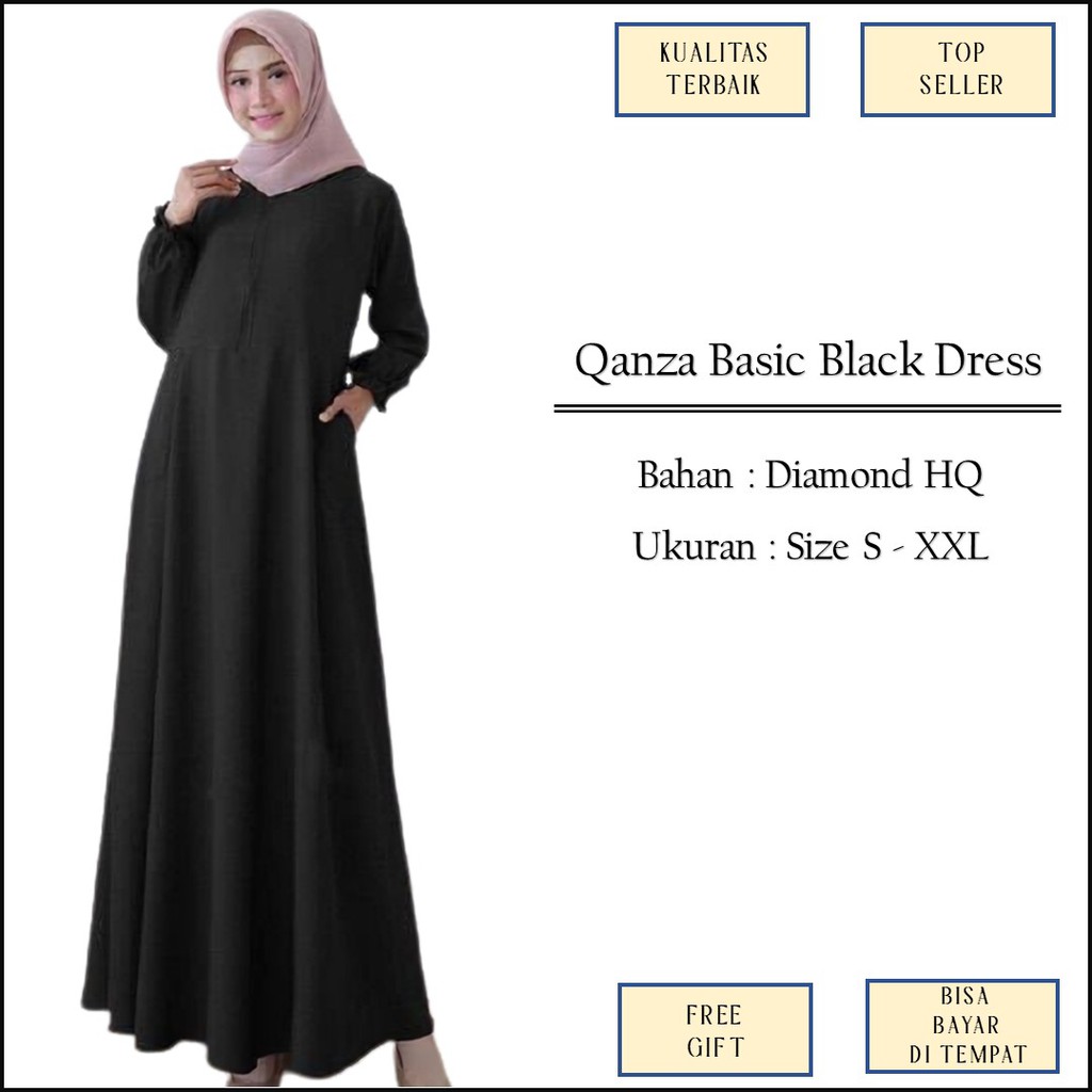 Baju Gamis Muslim Lebaran Syari Hitam Polos Resleting Busui Bahan Diamond Size S XXL Jumbo M1283