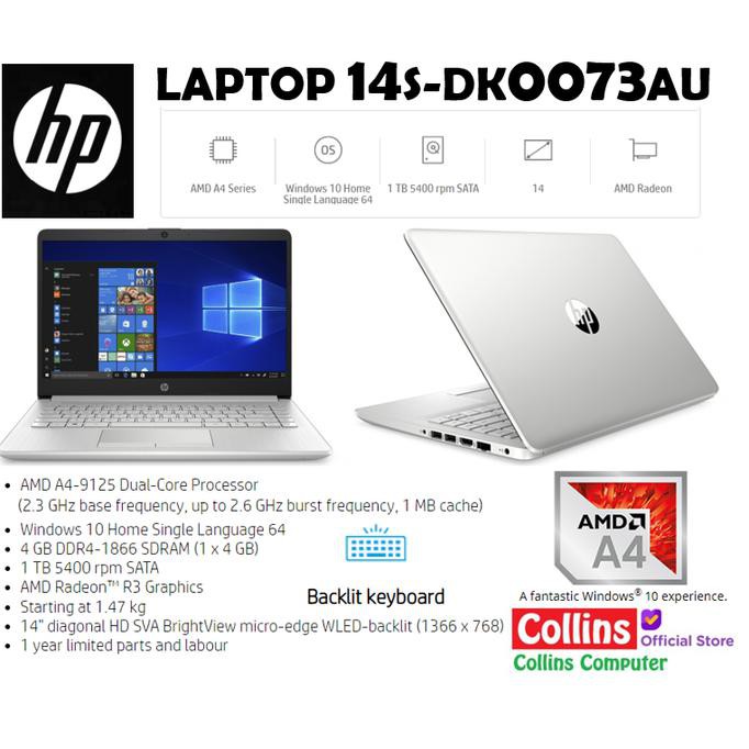 laptop hp 14s dk0073au   amd a4 9125 ddr4 4gb r3 hdd 1tb 14  win10