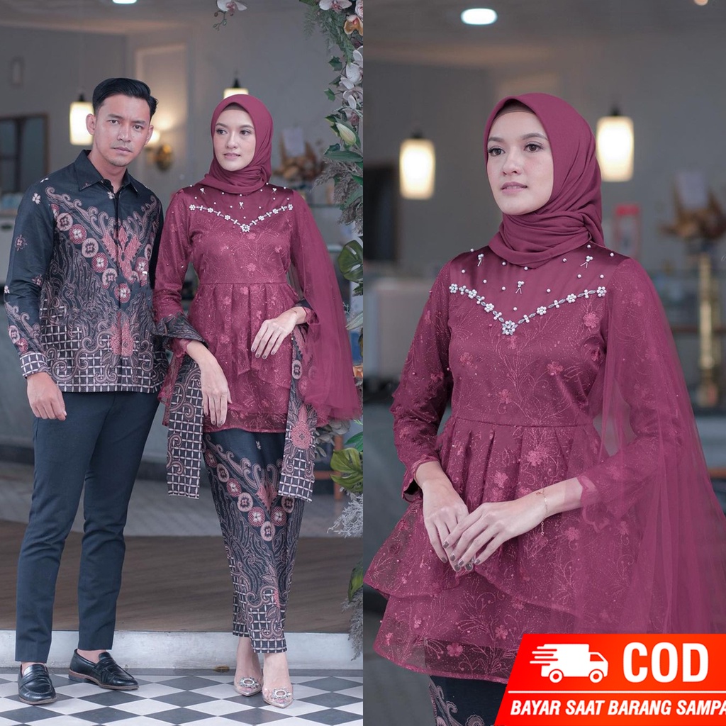 AZKANABATIK SOLO Batik Kebaya Couple Nabila Marun Tille mutiara/ Couple Tunangan/ Kebaya Wisuda