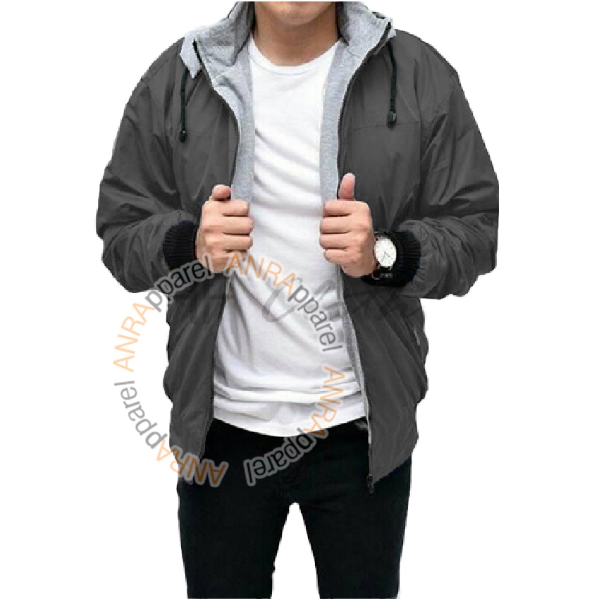 JAKET BOLAK BALIK 2in1 Bomber Parasut Fleece Hoodie Pria