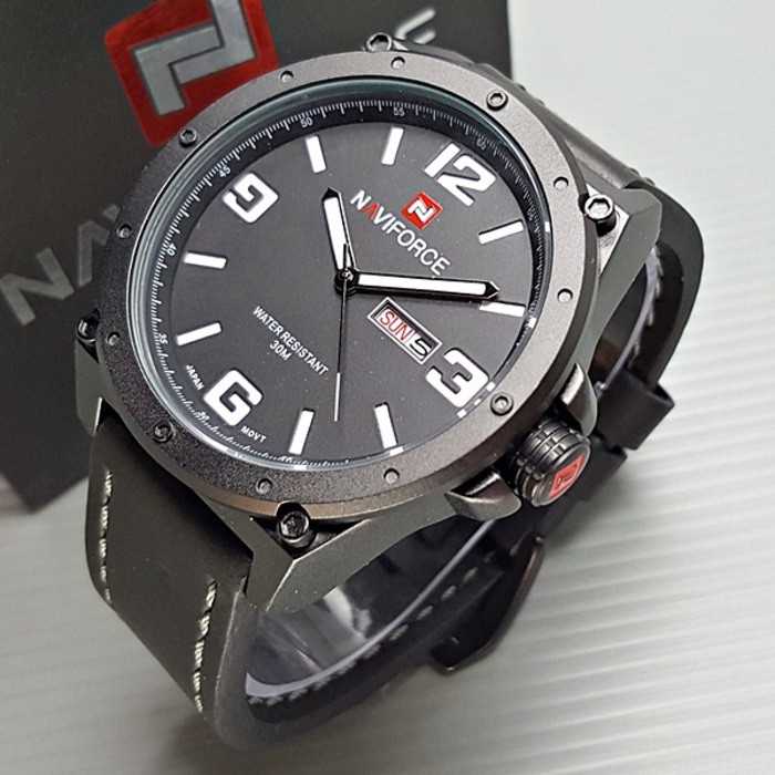 Unik Jam Tangan Pria Naviforce Original Kulit Hitam  Tahan Air  Diskon