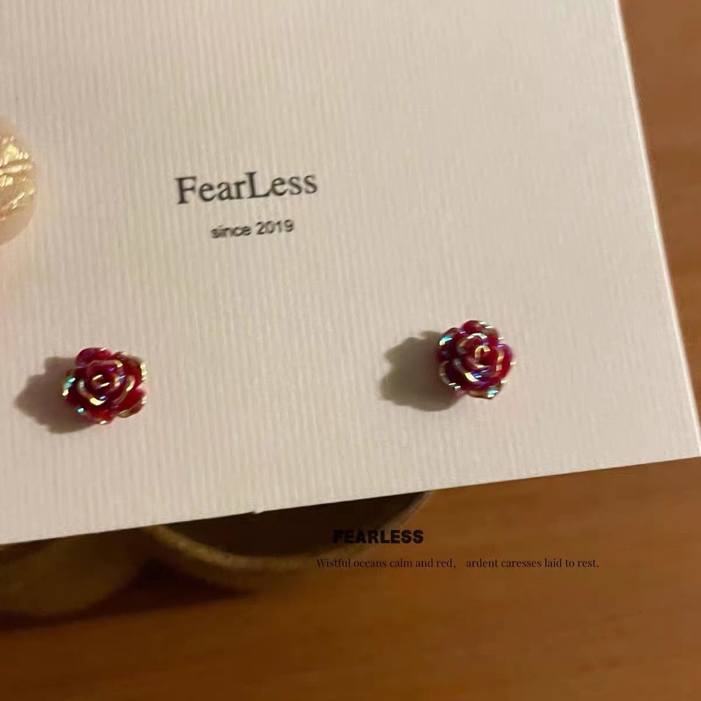 Anting Stud 925 Silver Bentuk Bunga Mawar Kecil Warna Merah Untuk Wanita